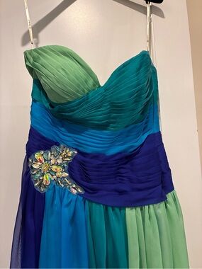 Ombre/ blue Pleated Strapless Evening Dress with Jewel Accent